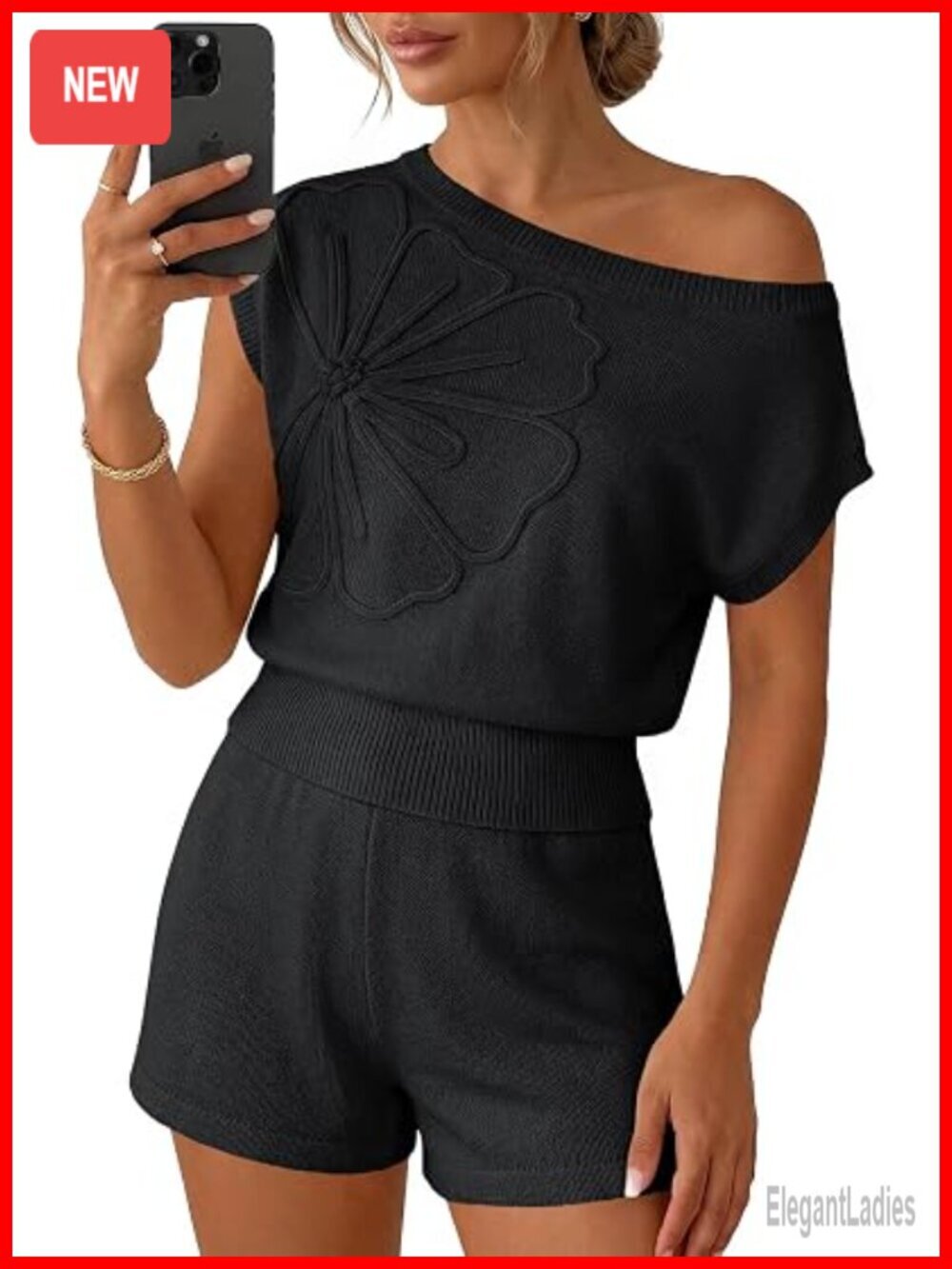 Off Shoulder 2 Piece Sweater Set Floral Tops Matching Lounge Shorts Set